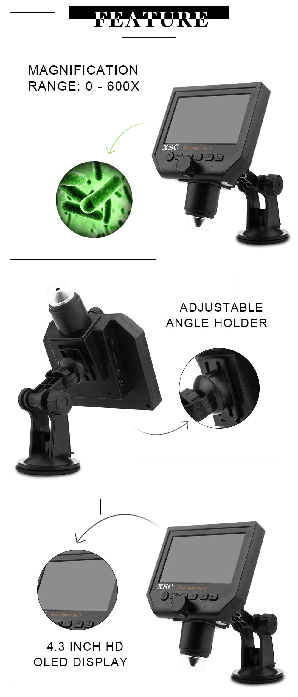 XSC G600 Portable 600x Digital Microscope with 4.3 inch HD Display- Black EU Plug XSC G600 Portable 600x Digital Microscope with 4.3 inch HD Display- Black EU Plug