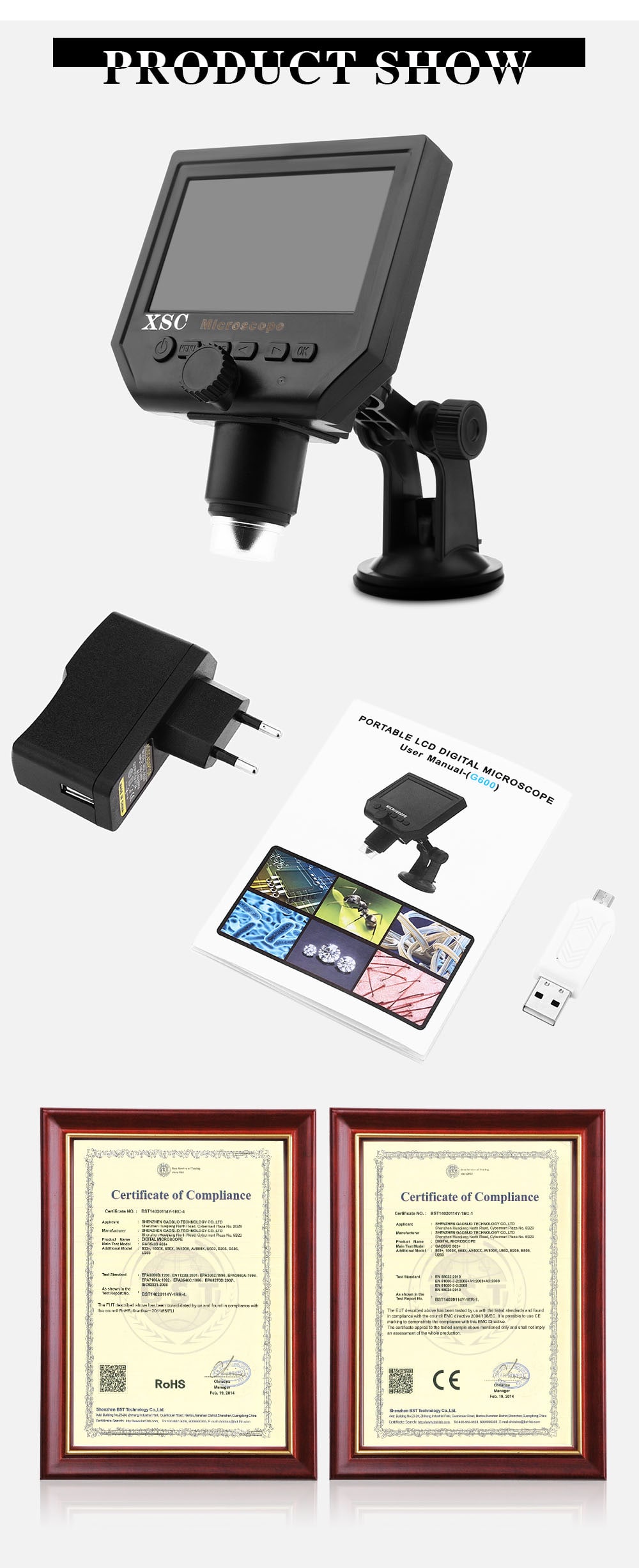 XSC G600 Portable 600x Digital Microscope with 4.3 inch HD Display- Black EU Plug XSC G600 Portable 600x Digital Microscope with 4.3 inch HD Display- Black EU Plug