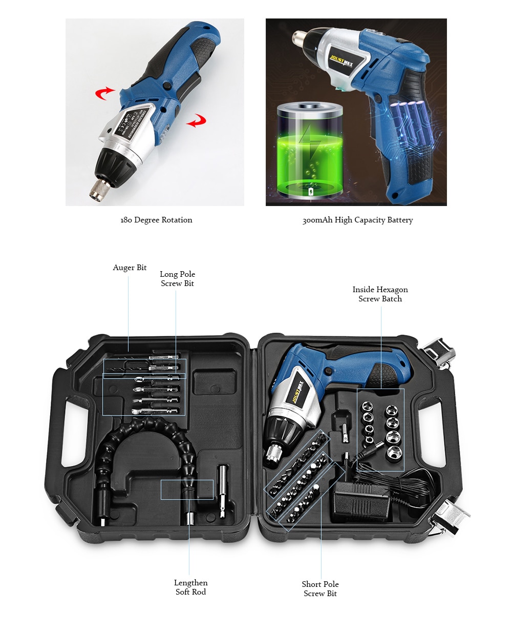 Multifunctional 4.0V Li-ion 180 Degree Rotation Rechargeable Electric Screwdriver Set- Blue Multifunctional 4.0V Li-ion 180 Degree Rotation Rechargeable Electric Screwdriver Set- Blue
