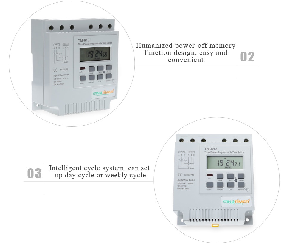 TM613 380V LCD Digital Multipurpose Three Phases Programmable Control Power Timer Switch- White TM613 380V LCD Digital Multipurpose Three Phases Programmable Control Power Timer Switch- White
