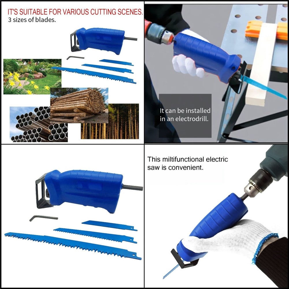 Reciprocating Saw Electric Drill Attachment Cutting Wood Metal and 3 Blades- Blue Reciprocating Saw Electric Drill Attachment Cutting Wood Metal and 3 Blades- Blue