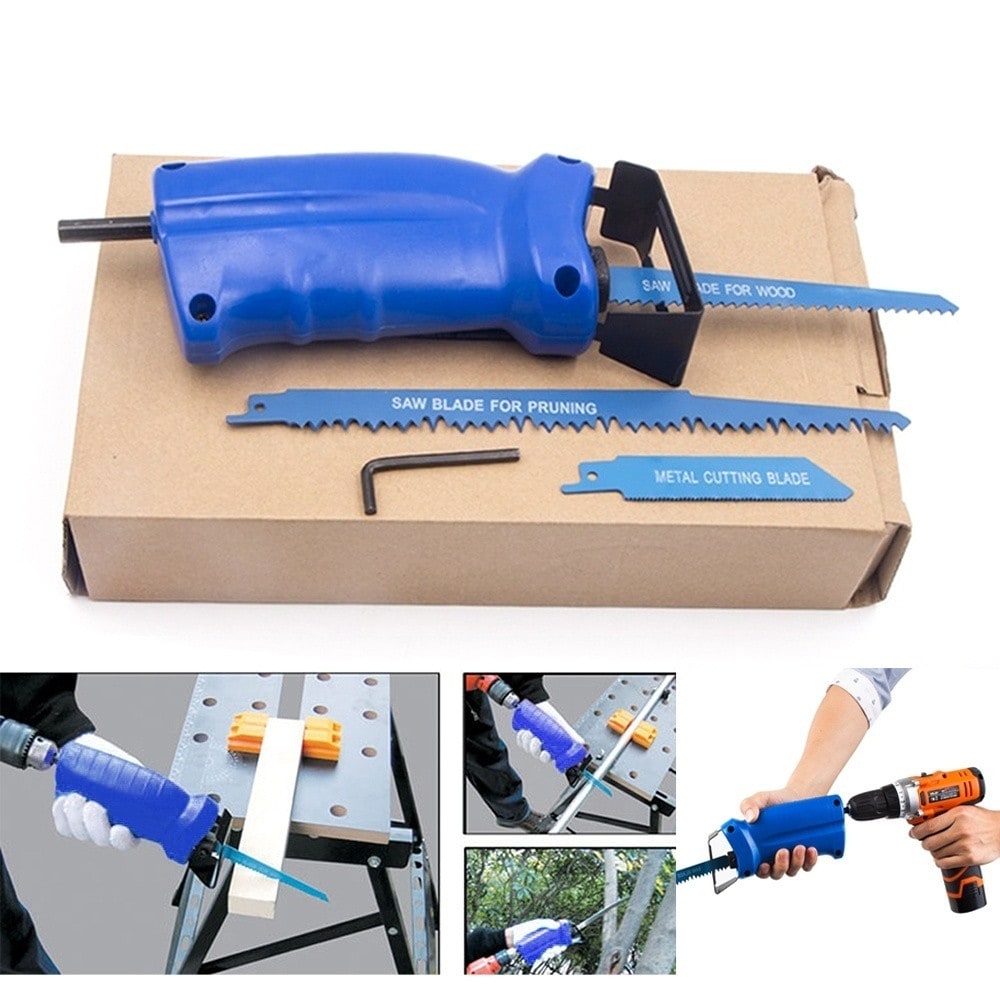 Reciprocating Saw Electric Drill Attachment Cutting Wood Metal and 3 Blades- Blue Reciprocating Saw Electric Drill Attachment Cutting Wood Metal and 3 Blades- Blue