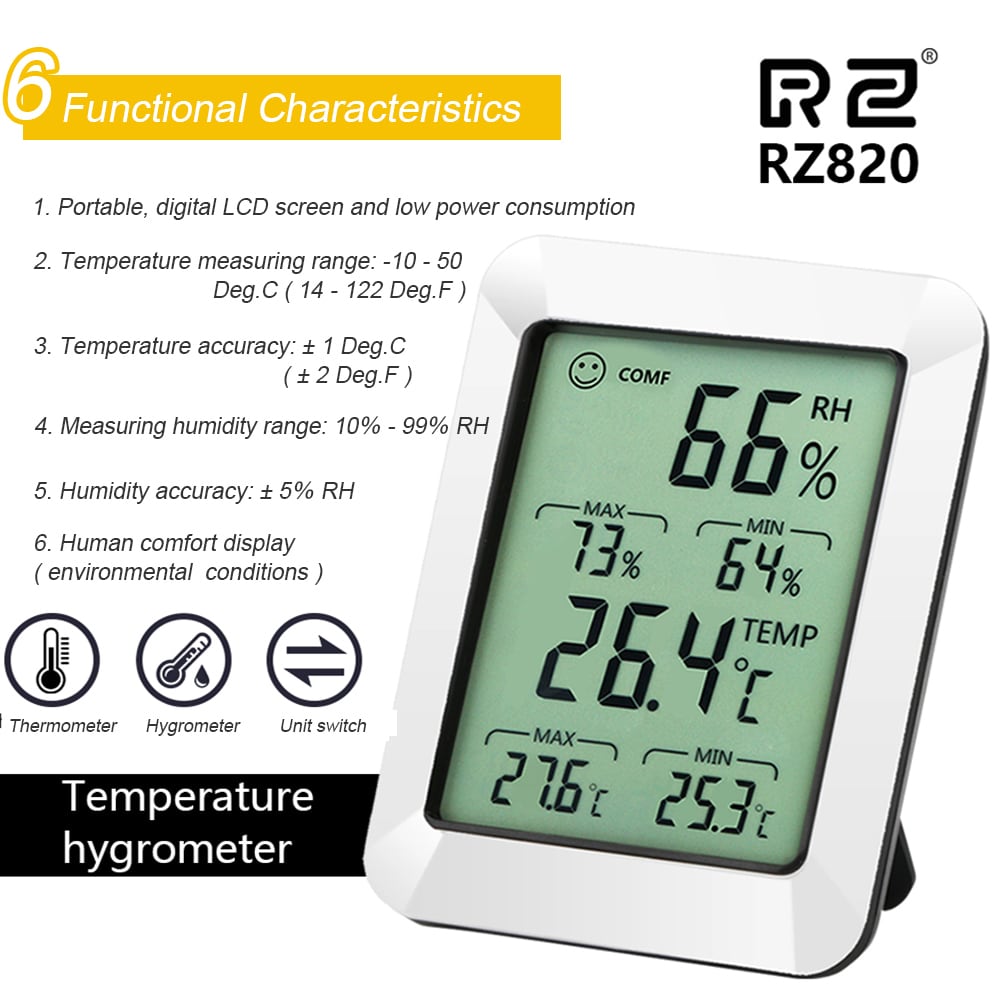 RZ820 Large LCD Digital Thermo-hygrometer Weather Thermometer Hygrometer Monitor Temperature and Humidity Meter for Home Office- White RZ820 Large LCD Digital Thermo-hygrometer Weather Thermometer Hygrometer Monitor Temperature and Humidity Meter for Home Office- White