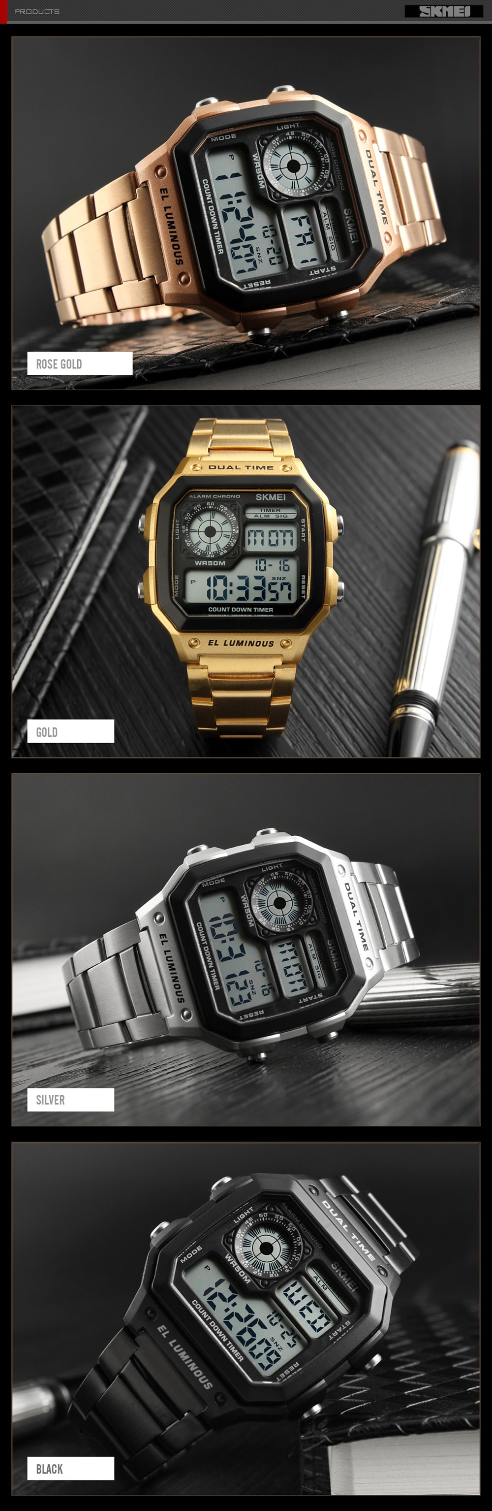 SKMEI Men Sports Waterproof Watch Stainless Steel Fashion Digital Wristwatches- Gold SKMEI Men Sports Waterproof Watch Stainless Steel Fashion Digital Wristwatches- Gold