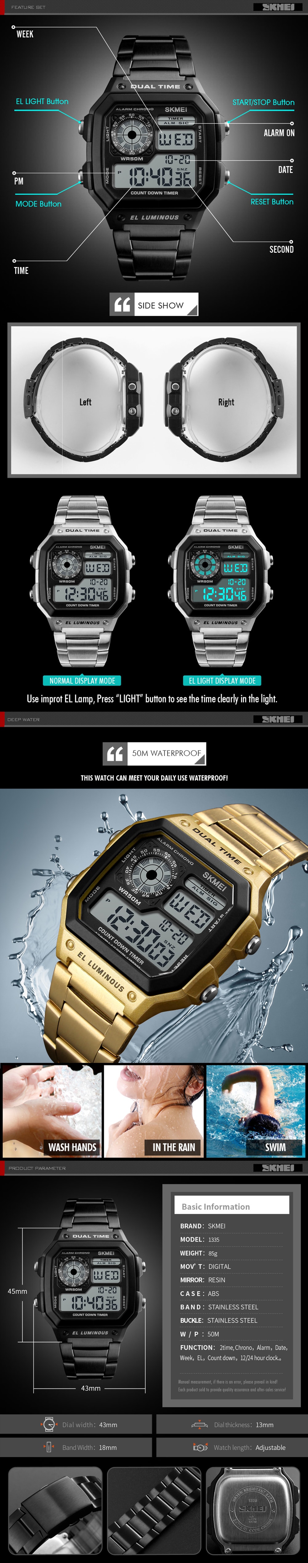 SKMEI Men Sports Waterproof Watch Stainless Steel Fashion Digital Wristwatches- Gold SKMEI Men Sports Waterproof Watch Stainless Steel Fashion Digital Wristwatches- Gold