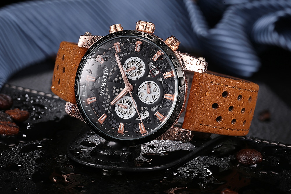 OCHSTIN GQ052B Men Leather Quartz Sport Multifunction Wrist Watch- Khaki OCHSTIN GQ052B Men Leather Quartz Sport Multifunction Wrist Watch- Khaki