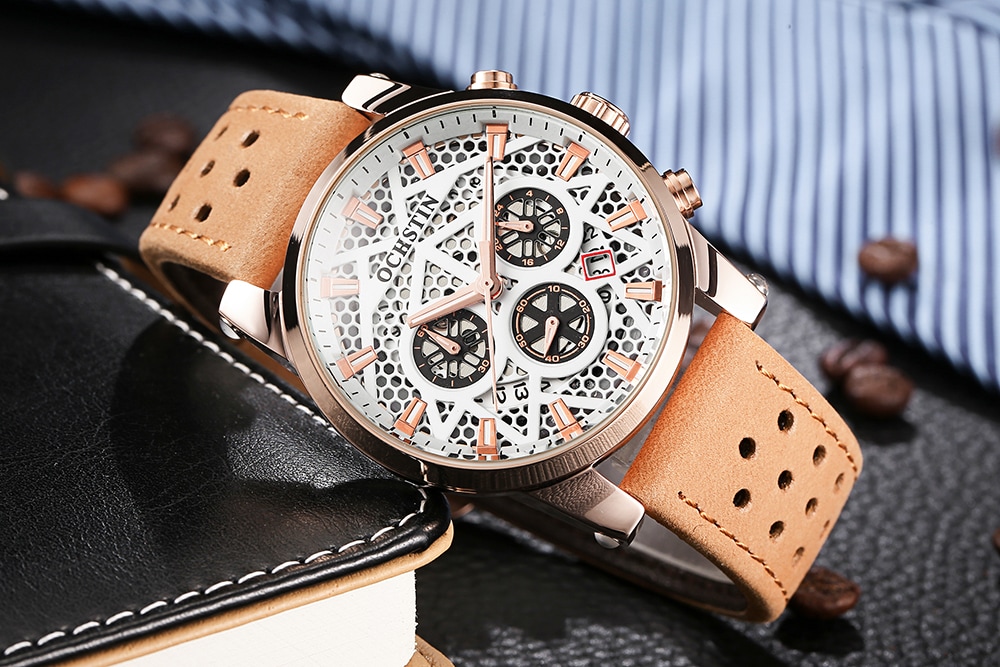 OCHSTIN GQ052B Men Leather Quartz Sport Multifunction Wrist Watch- Khaki OCHSTIN GQ052B Men Leather Quartz Sport Multifunction Wrist Watch- Khaki