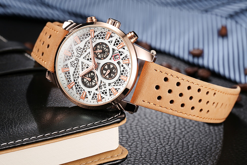 OCHSTIN GQ052B Men Leather Quartz Sport Multifunction Wrist Watch- Khaki OCHSTIN GQ052B Men Leather Quartz Sport Multifunction Wrist Watch- Khaki