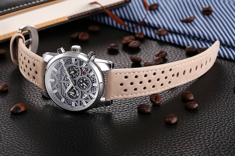 OCHSTIN GQ052B Men Leather Quartz Sport Multifunction Wrist Watch- Khaki OCHSTIN GQ052B Men Leather Quartz Sport Multifunction Wrist Watch- Khaki