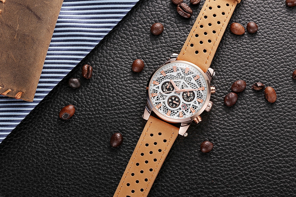 OCHSTIN GQ052B Men Leather Quartz Sport Multifunction Wrist Watch- Khaki OCHSTIN GQ052B Men Leather Quartz Sport Multifunction Wrist Watch- Khaki