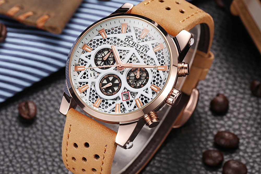 OCHSTIN GQ052B Men Leather Quartz Sport Multifunction Wrist Watch- Khaki OCHSTIN GQ052B Men Leather Quartz Sport Multifunction Wrist Watch- Khaki
