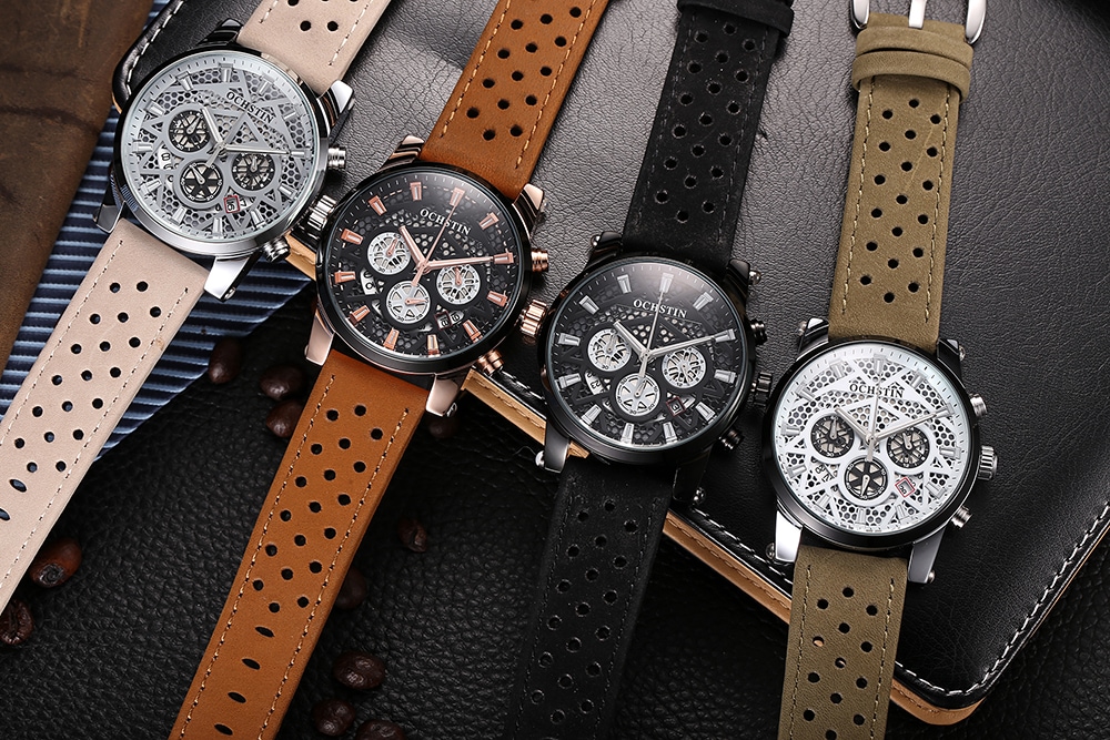 OCHSTIN GQ052B Men Leather Quartz Sport Multifunction Wrist Watch- Khaki OCHSTIN GQ052B Men Leather Quartz Sport Multifunction Wrist Watch- Khaki
