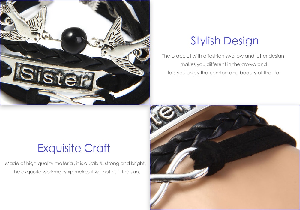 Swallow Letter Infinite Layered Friendship Bracelet- Black Swallow Letter Infinite Layered Friendship Bracelet- Black