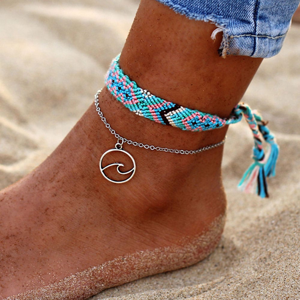 Rune Weave Handmade Cotton Anklet Bracelets For Women- Blue Gray Rune Weave Handmade Cotton Anklet Bracelets For Women- Blue Gray