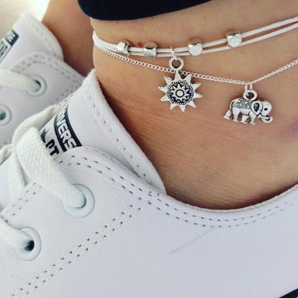 Women'S Fashion Bohemia Baby Elephant Sun Triple Bead Anklet- Silver 1 set Women'S Fashion Bohemia Baby Elephant Sun Triple Bead Anklet- Silver 1 set