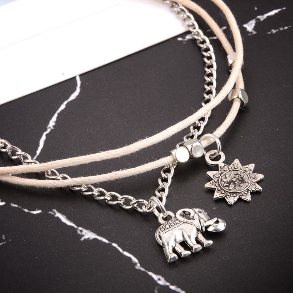 Women'S Fashion Bohemia Baby Elephant Sun Triple Bead Anklet- Silver 1 set Women'S Fashion Bohemia Baby Elephant Sun Triple Bead Anklet- Silver 1 set