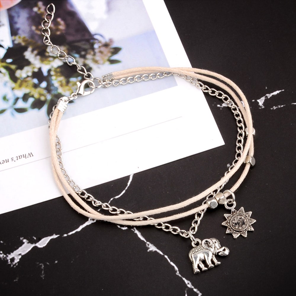 Women'S Fashion Bohemia Baby Elephant Sun Triple Bead Anklet- Silver 1 set Women'S Fashion Bohemia Baby Elephant Sun Triple Bead Anklet- Silver 1 set