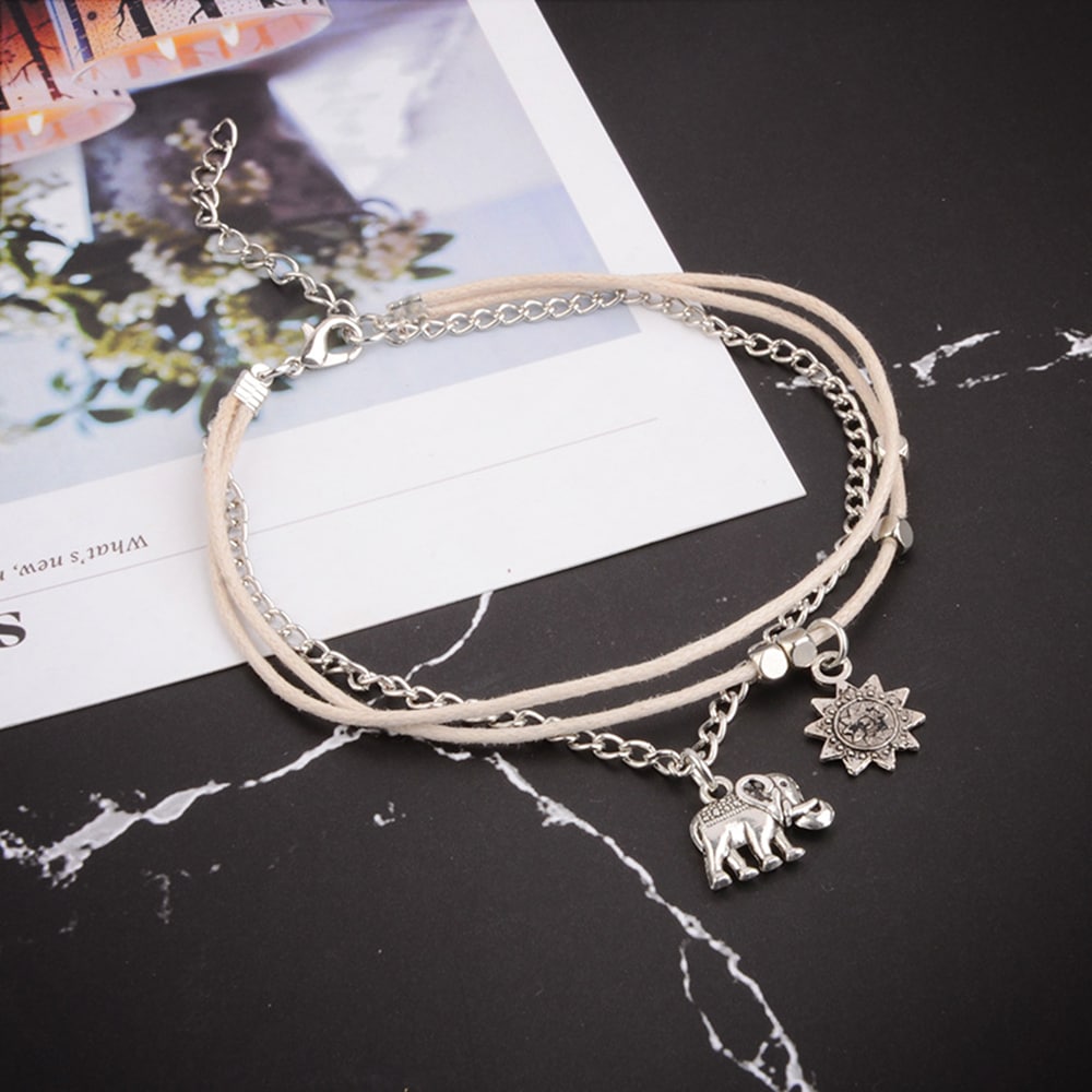 Women'S Fashion Bohemia Baby Elephant Sun Triple Bead Anklet- Silver 1 set Women'S Fashion Bohemia Baby Elephant Sun Triple Bead Anklet- Silver 1 set