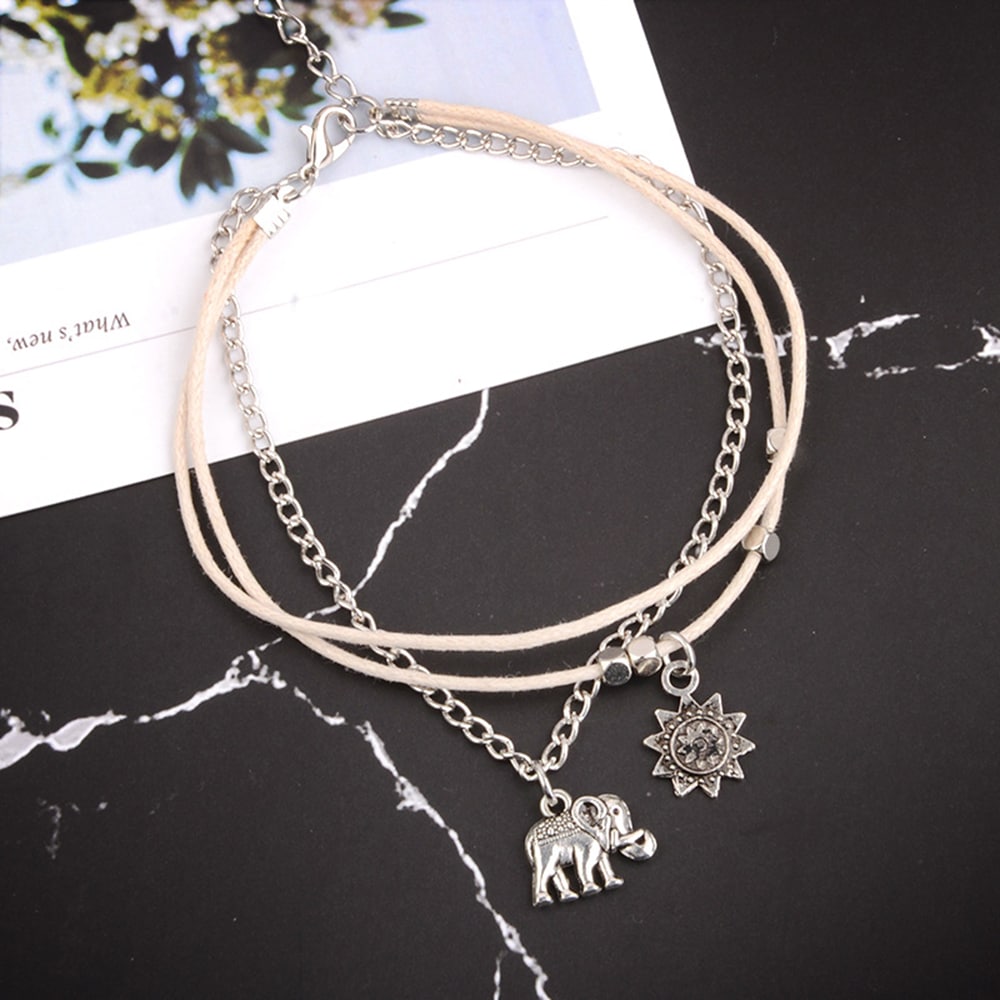 Women'S Fashion Bohemia Baby Elephant Sun Triple Bead Anklet- Silver 1 set Women'S Fashion Bohemia Baby Elephant Sun Triple Bead Anklet- Silver 1 set