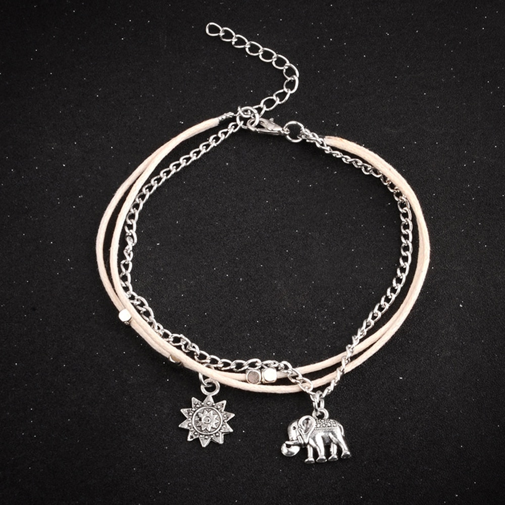 Women'S Fashion Bohemia Baby Elephant Sun Triple Bead Anklet- Silver 1 set Women'S Fashion Bohemia Baby Elephant Sun Triple Bead Anklet- Silver 1 set