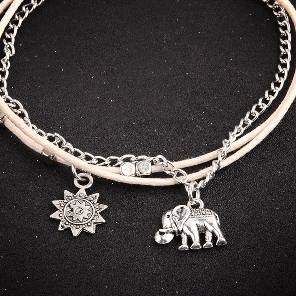 Women'S Fashion Bohemia Baby Elephant Sun Triple Bead Anklet- Silver 1 set Women'S Fashion Bohemia Baby Elephant Sun Triple Bead Anklet- Silver 1 set