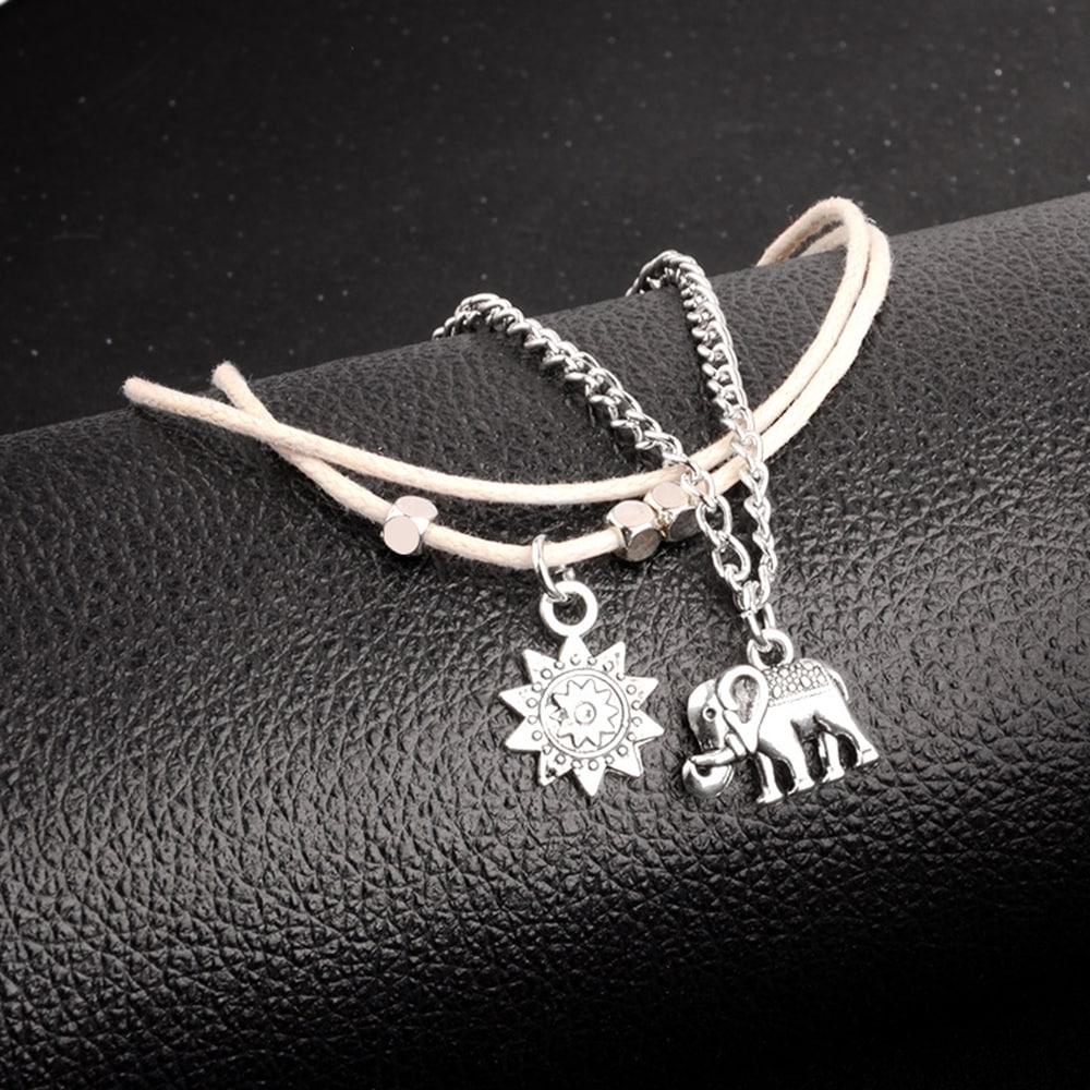 Women'S Fashion Bohemia Baby Elephant Sun Triple Bead Anklet- Silver 1 set Women'S Fashion Bohemia Baby Elephant Sun Triple Bead Anklet- Silver 1 set