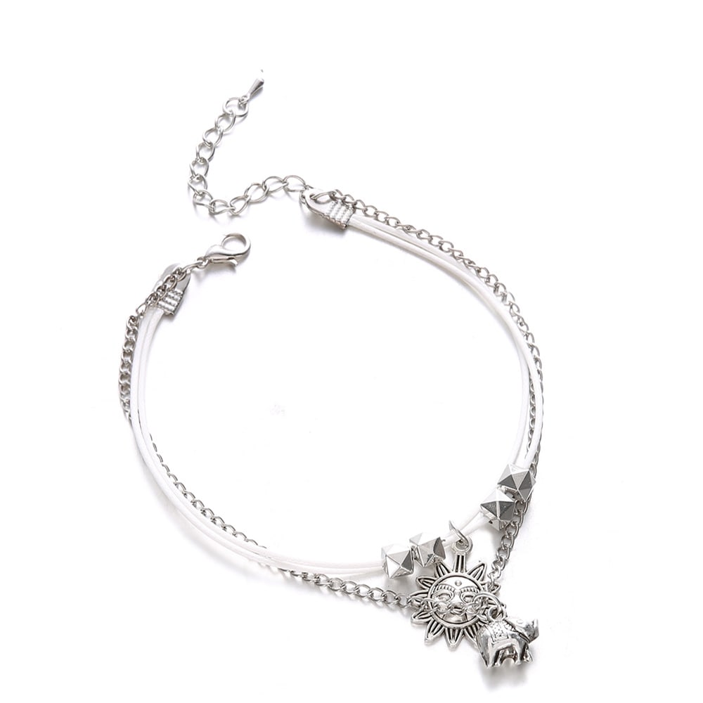 Women'S Fashion Bohemia Baby Elephant Sun Triple Bead Anklet- Silver 1 set Women'S Fashion Bohemia Baby Elephant Sun Triple Bead Anklet- Silver 1 set