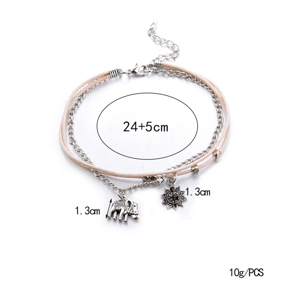 Women'S Fashion Bohemia Baby Elephant Sun Triple Bead Anklet- Silver 1 set Women'S Fashion Bohemia Baby Elephant Sun Triple Bead Anklet- Silver 1 set