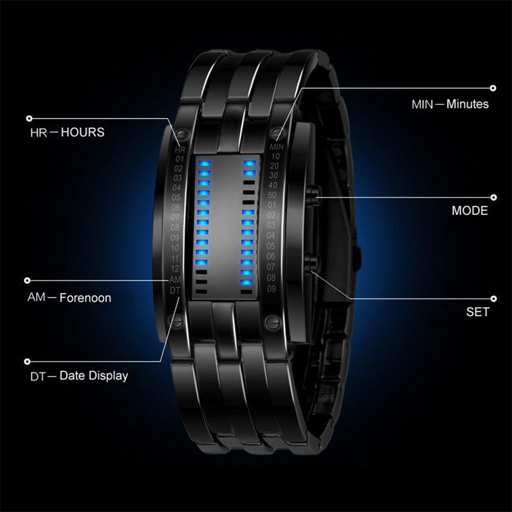 REEBONZ Water Resistant Men Date Binary Digital LED Bracelet Watch Rectangle Dial Sports Couple Watch- Silver REEBONZ Water Resistant Men Date Binary Digital LED Bracelet Watch Rectangle Dial Sports Couple Watch- Silver