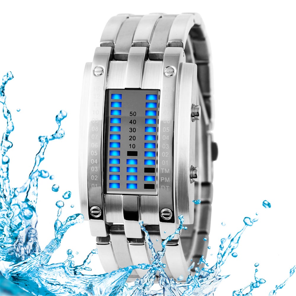 REEBONZ Water Resistant Men Date Binary Digital LED Bracelet Watch Rectangle Dial Sports Couple Watch- Silver REEBONZ Water Resistant Men Date Binary Digital LED Bracelet Watch Rectangle Dial Sports Couple Watch- Silver