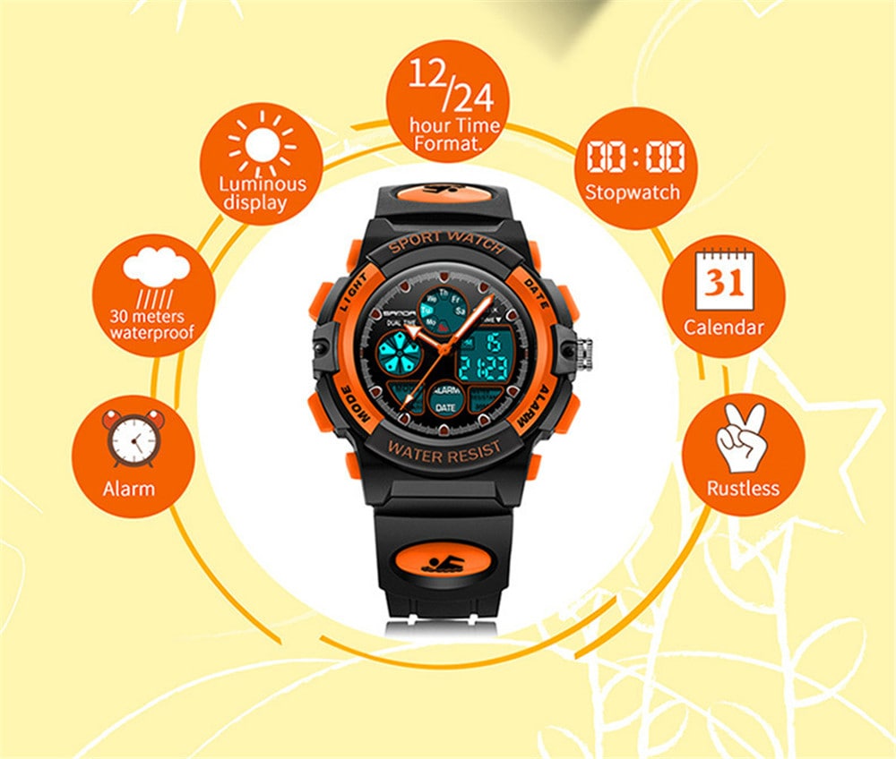 SANDA Dual Display Children Colorful Alarm Luminous Calendar Watch- Red SANDA Dual Display Children Colorful Alarm Luminous Calendar Watch- Red
