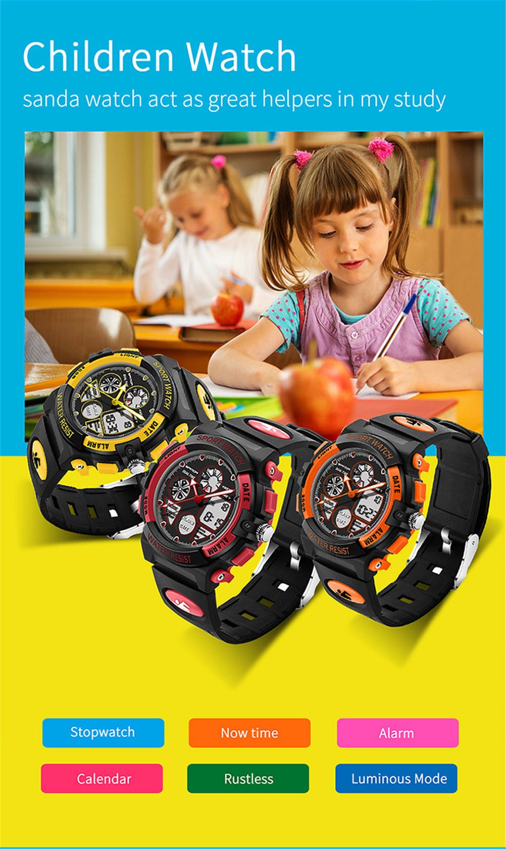 SANDA Dual Display Children Colorful Alarm Luminous Calendar Watch- Red SANDA Dual Display Children Colorful Alarm Luminous Calendar Watch- Red