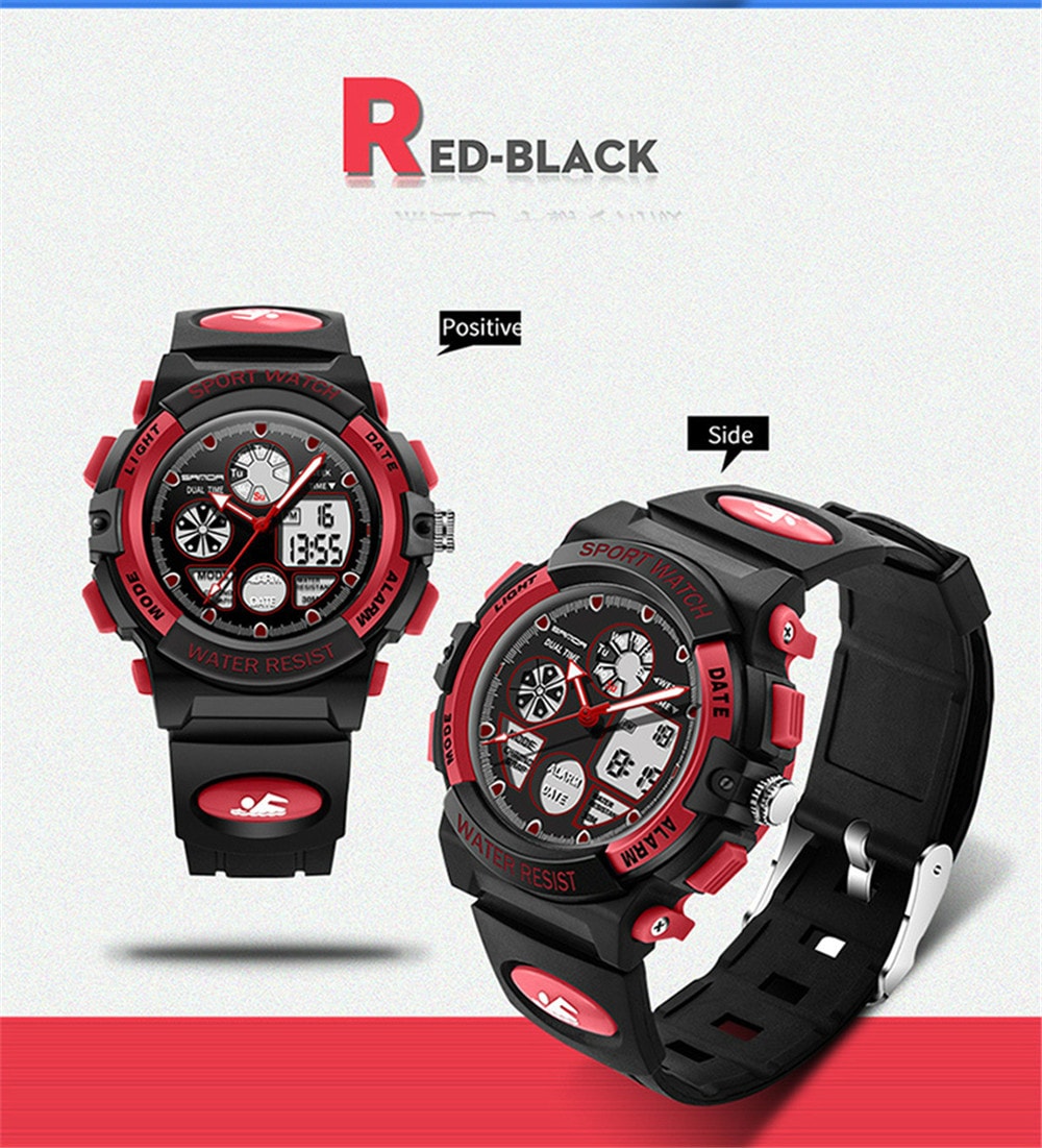 SANDA Dual Display Children Colorful Alarm Luminous Calendar Watch- Red SANDA Dual Display Children Colorful Alarm Luminous Calendar Watch- Red