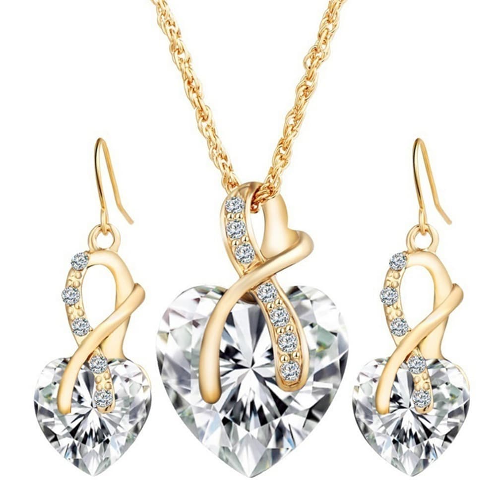 wedding jewelry Gold Plated Jewelry Sets For Women Crystal Heart Necklace Earrings Jewellery Wedding Accessories- White wedding jewelry Gold Plated Jewelry Sets For Women Crystal Heart Necklace Earrings Jewellery Wedding Accessories- White