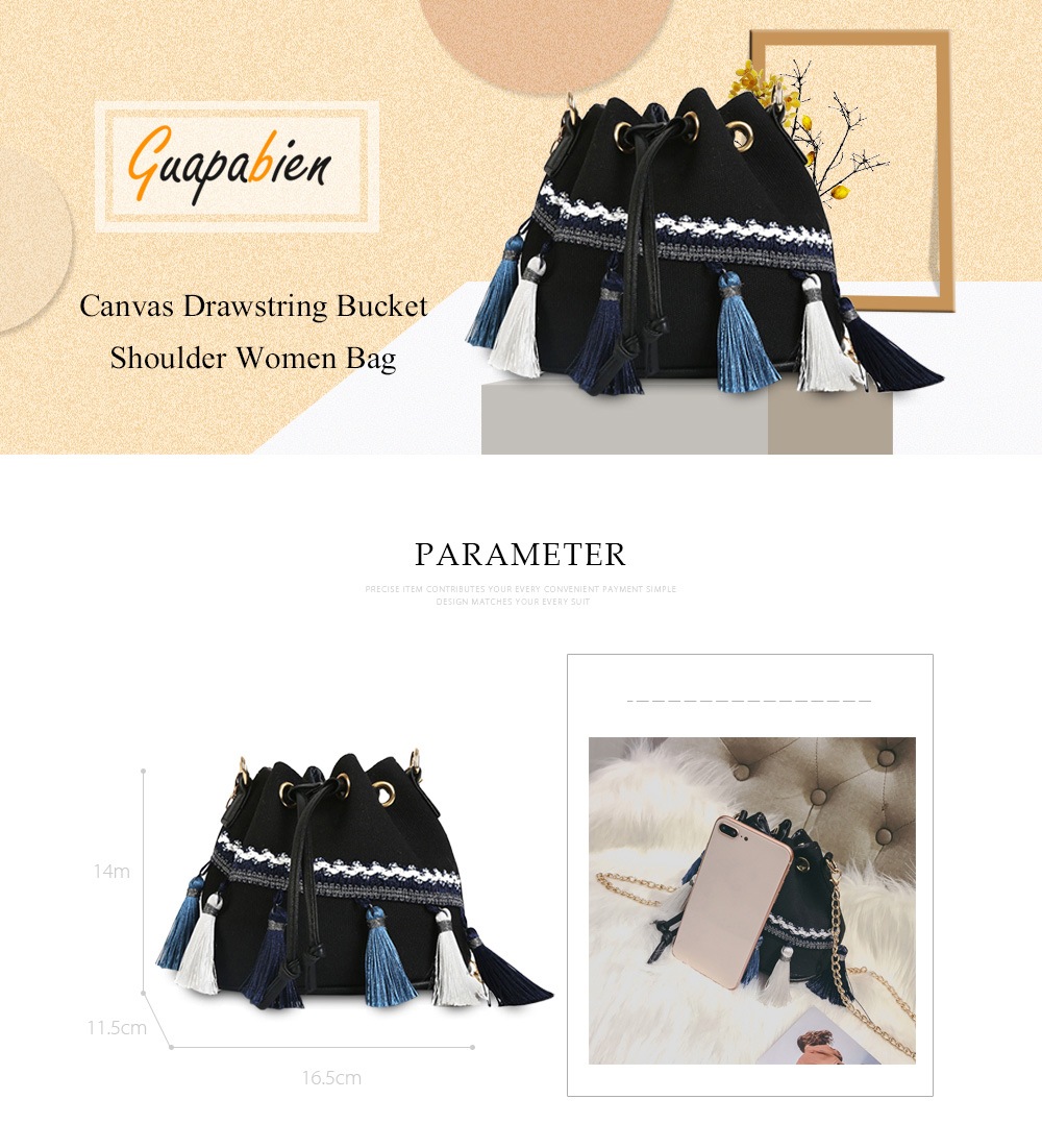 Guapabien Women Canvas Bucket Bag Shoulder Crossbody Tassel Drawstring- White Guapabien Women Canvas Bucket Bag Shoulder Crossbody Tassel Drawstring- White