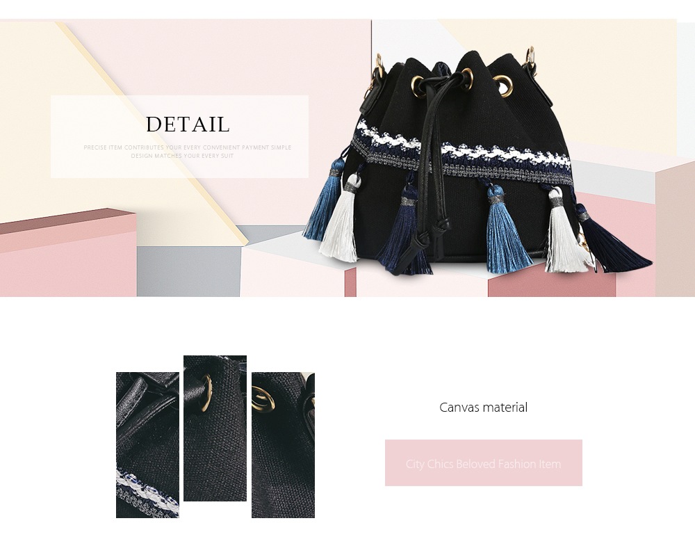 Guapabien Women Canvas Bucket Bag Shoulder Crossbody Tassel Drawstring- White Guapabien Women Canvas Bucket Bag Shoulder Crossbody Tassel Drawstring- White