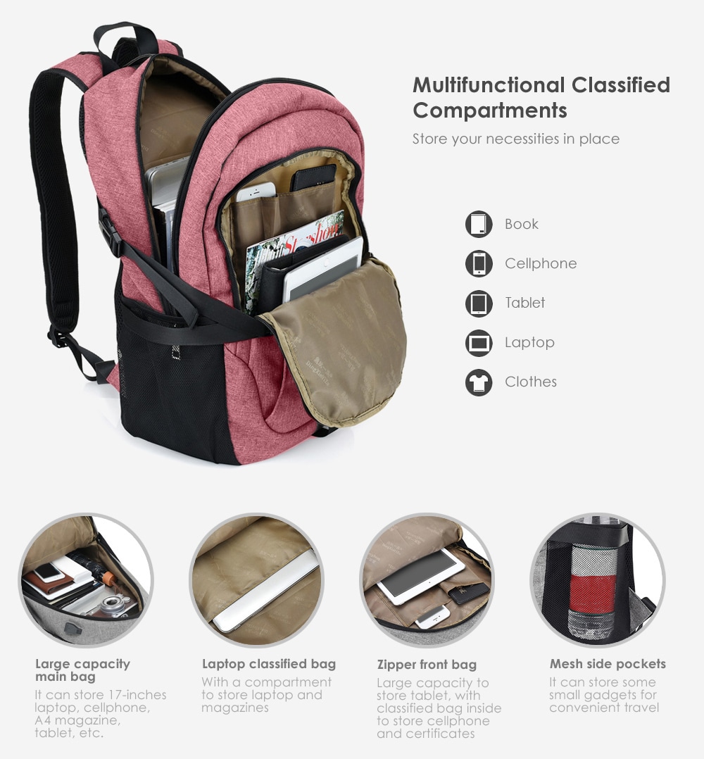 Men Canvas Casual Travel Backpack with USB Charge Port- Pink Men Canvas Casual Travel Backpack with USB Charge Port- Pink