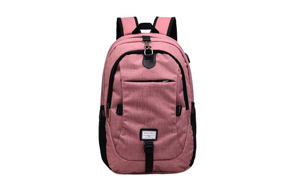 Men Canvas Casual Travel Backpack with USB Charge Port- Pink Men Canvas Casual Travel Backpack with USB Charge Port- Pink