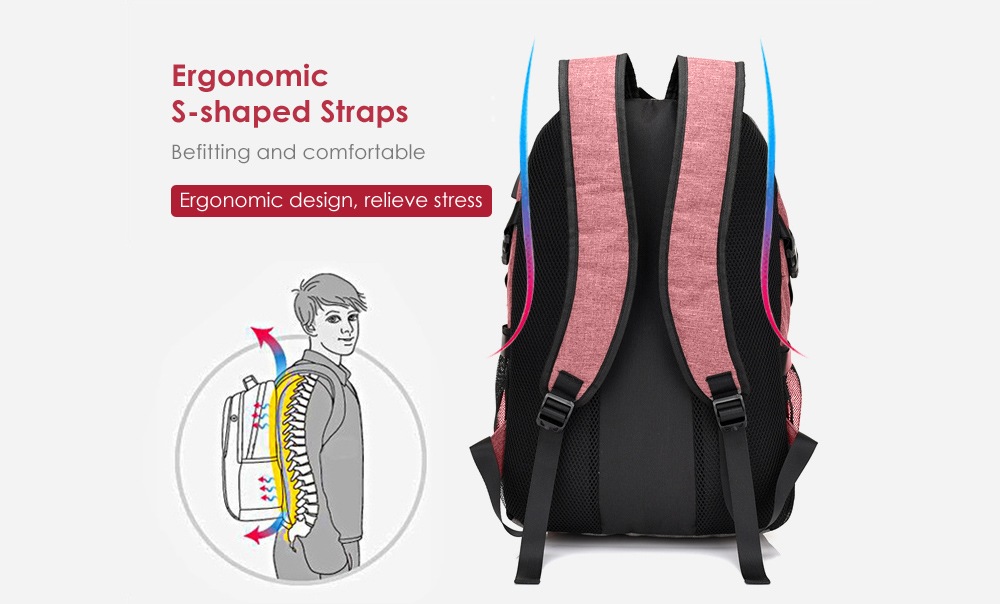 Men Canvas Casual Travel Backpack with USB Charge Port- Pink Men Canvas Casual Travel Backpack with USB Charge Port- Pink