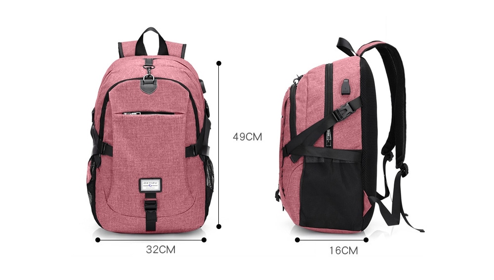 Men Canvas Casual Travel Backpack with USB Charge Port- Pink Men Canvas Casual Travel Backpack with USB Charge Port- Pink