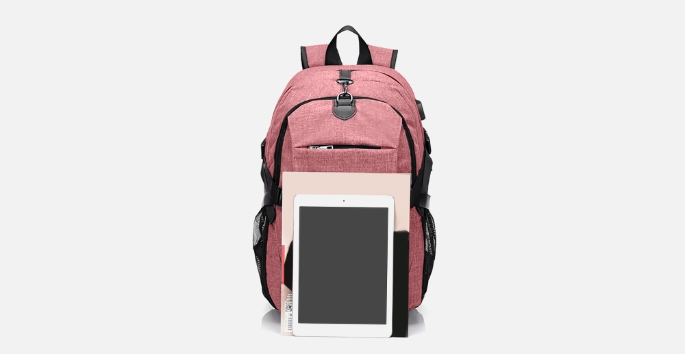 Men Canvas Casual Travel Backpack with USB Charge Port- Pink Men Canvas Casual Travel Backpack with USB Charge Port- Pink
