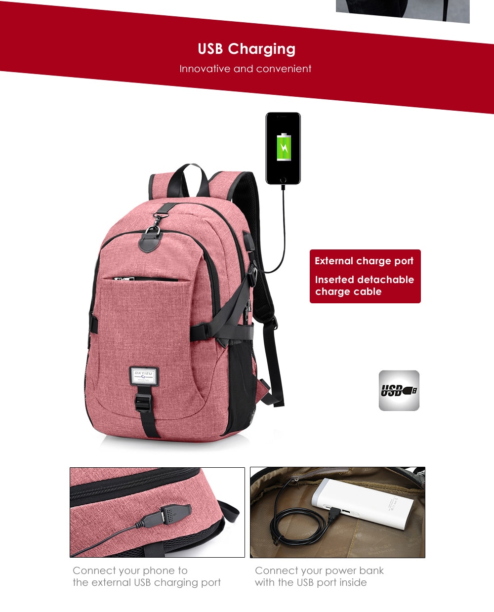 Men Canvas Casual Travel Backpack with USB Charge Port- Pink Men Canvas Casual Travel Backpack with USB Charge Port- Pink