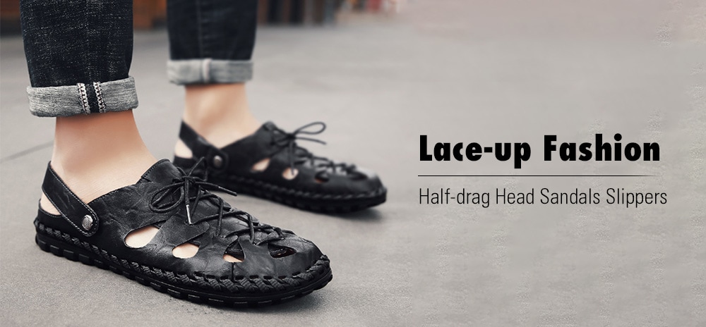 Lace-up Fashion Half-drag Head Sandals Slippers- Brown EU 42 Lace-up Fashion Half-drag Head Sandals Slippers- Brown EU 42