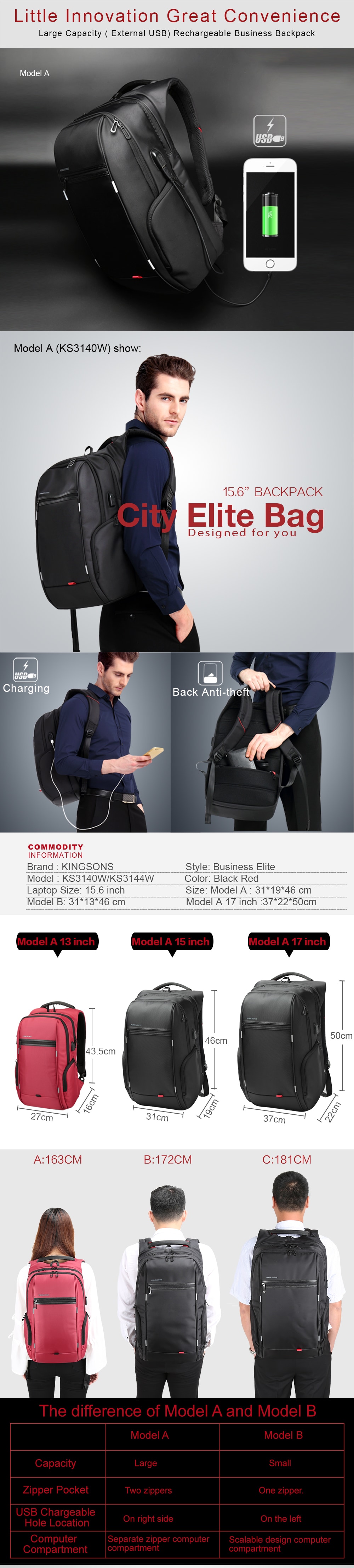 Kingsons KS3140W USB Charge Computer Backpacks Anti-Theft Waterproof Bags Fo Men- Black 15.6inch Kingsons KS3140W USB Charge Computer Backpacks Anti-Theft Waterproof Bags Fo Men- Black 15.6inch