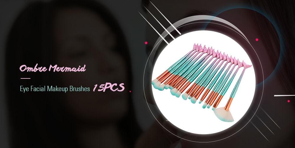 15Pcs Two Tone Mermaid Facial Makeup Brushes- Pinkish Blue 15Pcs Two Tone Mermaid Facial Makeup Brushes- Pinkish Blue
