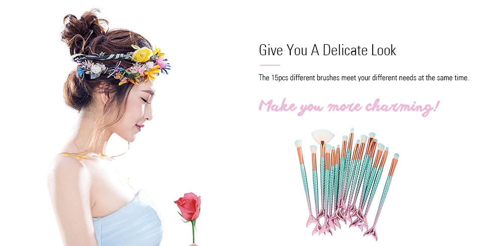 15Pcs Two Tone Mermaid Facial Makeup Brushes- Pinkish Blue 15Pcs Two Tone Mermaid Facial Makeup Brushes- Pinkish Blue