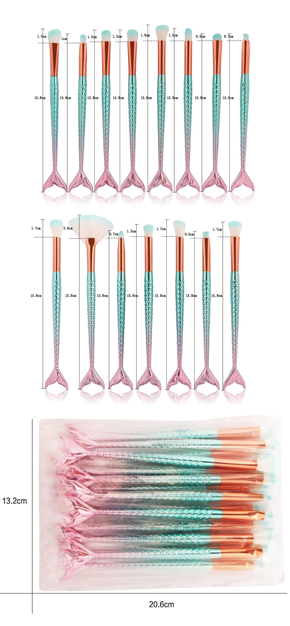 15Pcs Two Tone Mermaid Facial Makeup Brushes- Pinkish Blue 15Pcs Two Tone Mermaid Facial Makeup Brushes- Pinkish Blue