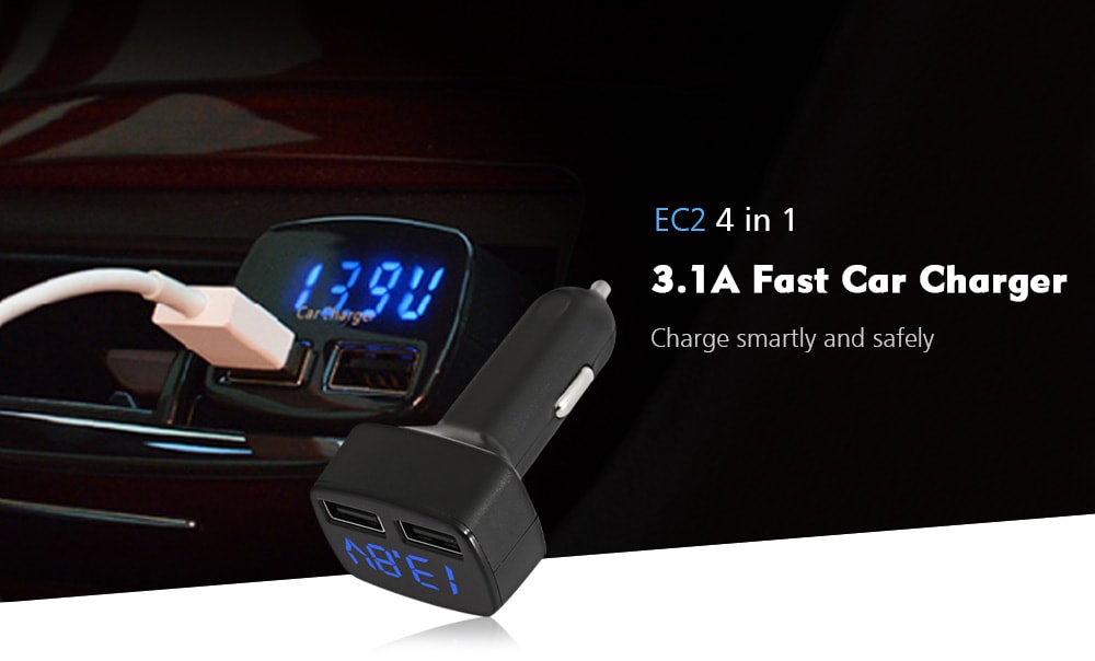 EC2 4 in 1 3.1A Dual USB Ports Car Charger with Voltage Current Temperature Display- Black EC2 4 in 1 3.1A Dual USB Ports Car Charger with Voltage Current Temperature Display- Black