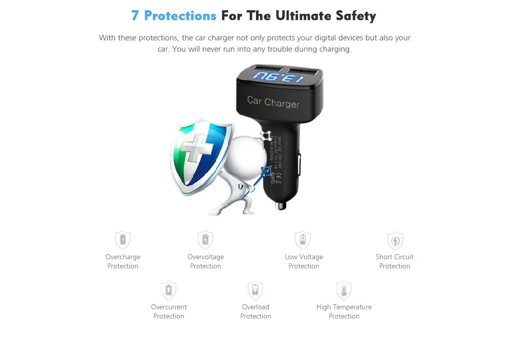 EC2 4 in 1 3.1A Dual USB Ports Car Charger with Voltage Current Temperature Display- Black EC2 4 in 1 3.1A Dual USB Ports Car Charger with Voltage Current Temperature Display- Black