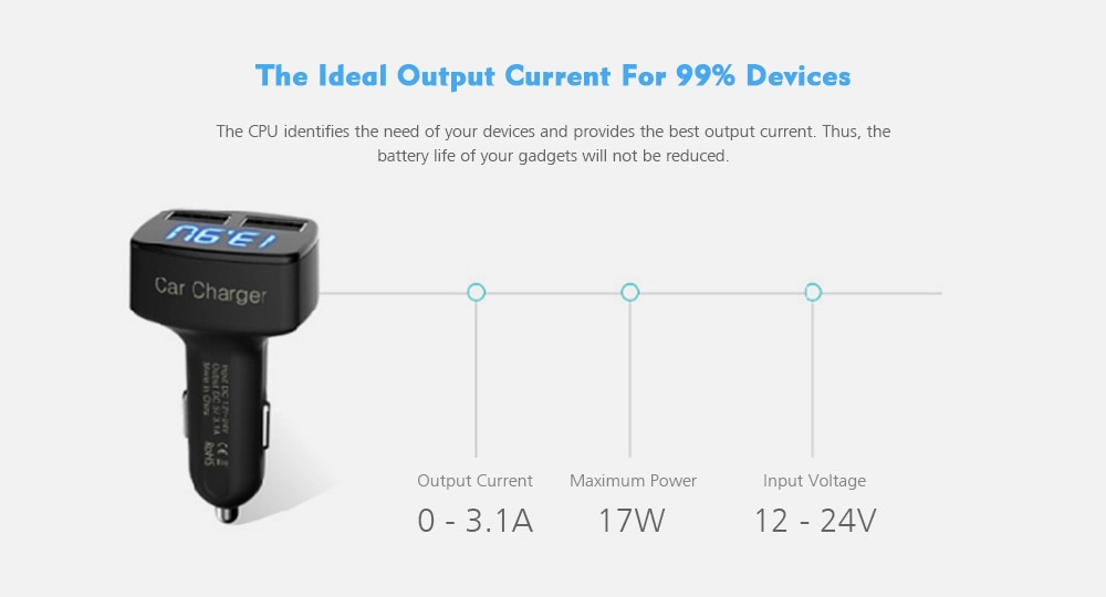 EC2 4 in 1 3.1A Dual USB Ports Car Charger with Voltage Current Temperature Display- Black EC2 4 in 1 3.1A Dual USB Ports Car Charger with Voltage Current Temperature Display- Black